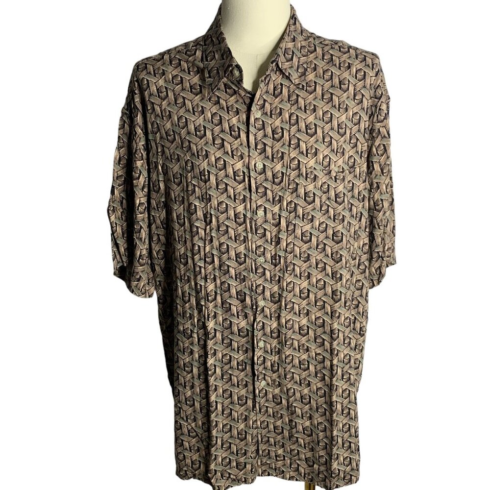 Vintage 90s Campia Moda Button Up Camp Shirt XL Tall Brown Pocket Short Sleeves